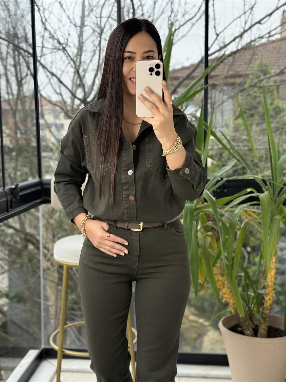 Beli Büzgülü Klasik Kot Tulum Haki Yeşili