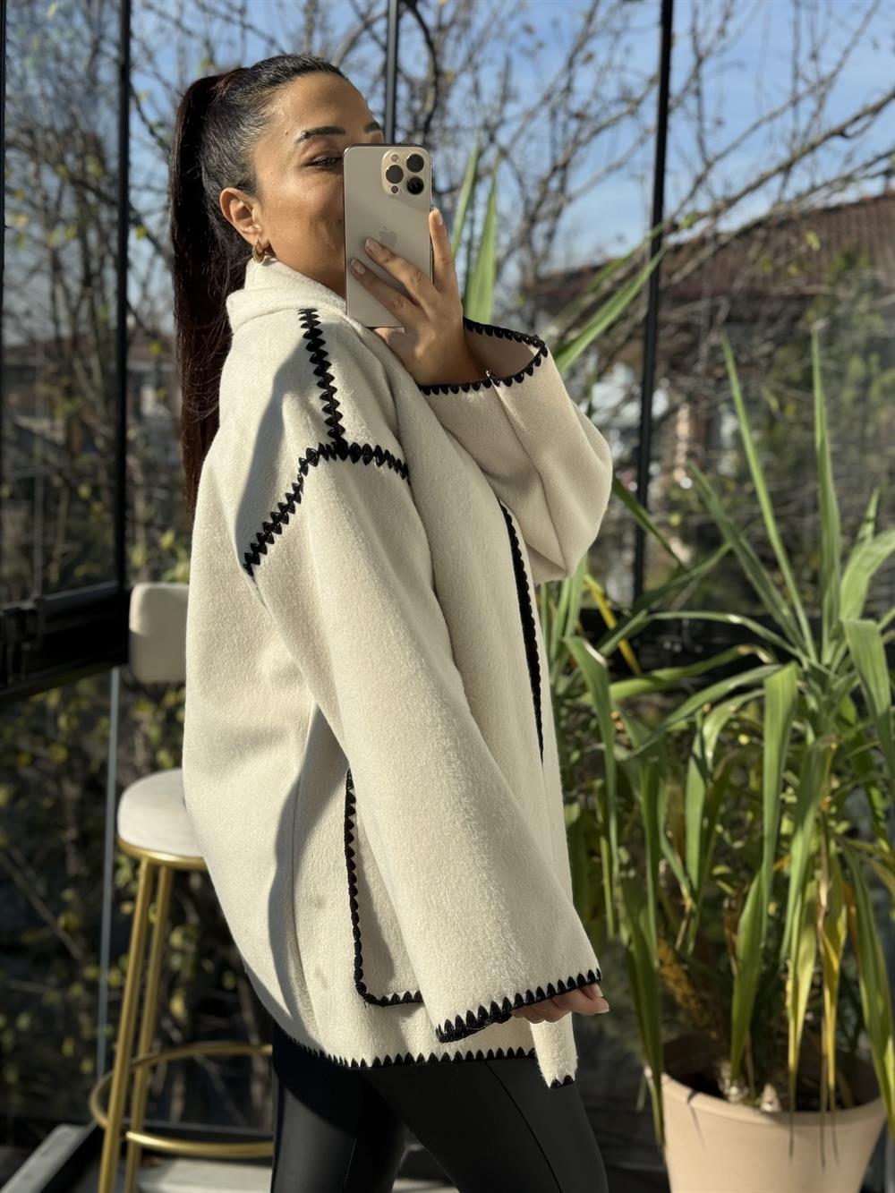 Şal Yaka Kaşe Kimono Ceket Bej