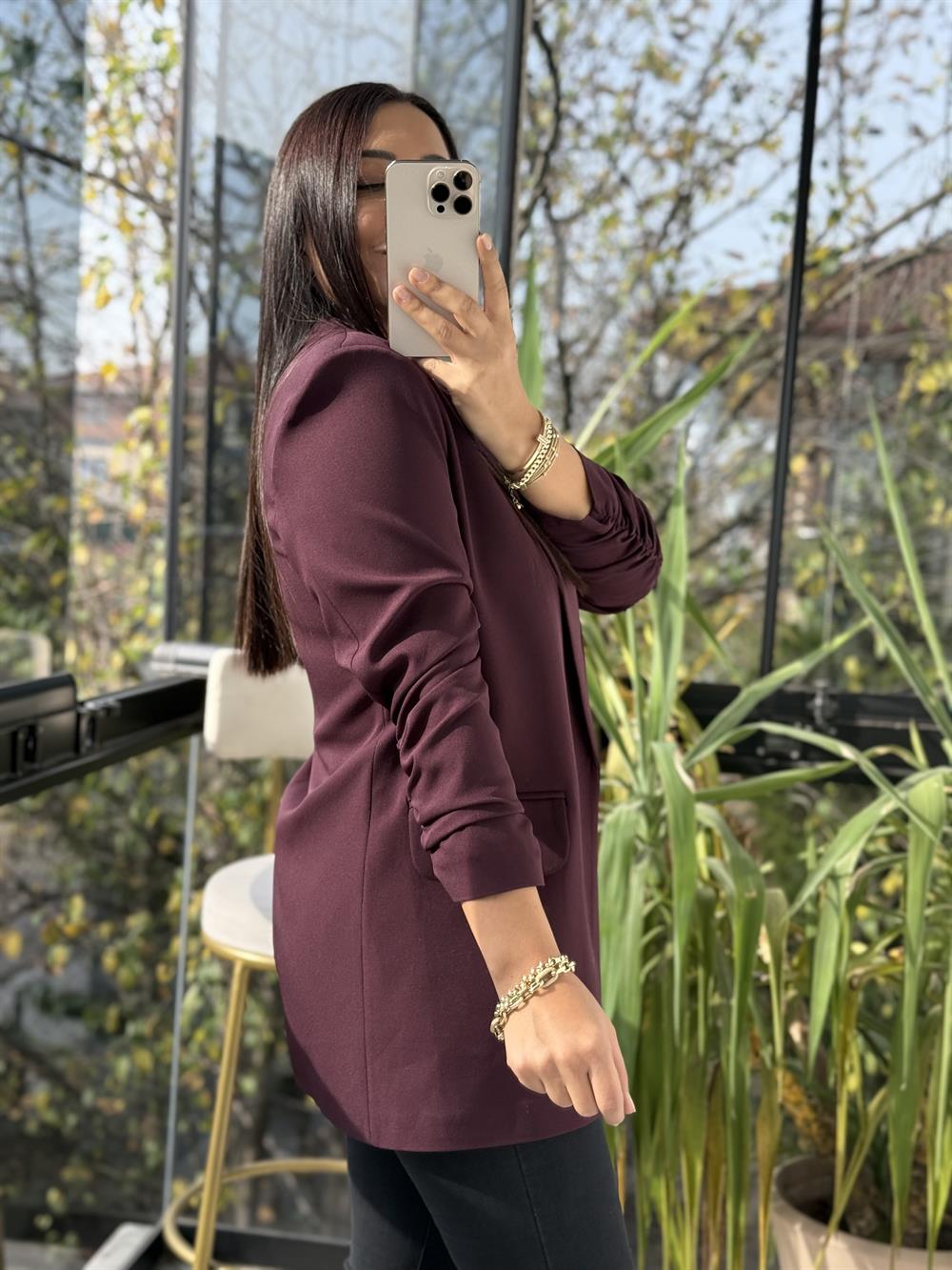 Kolu Büzgülü Blazer Ceket Mürdüm