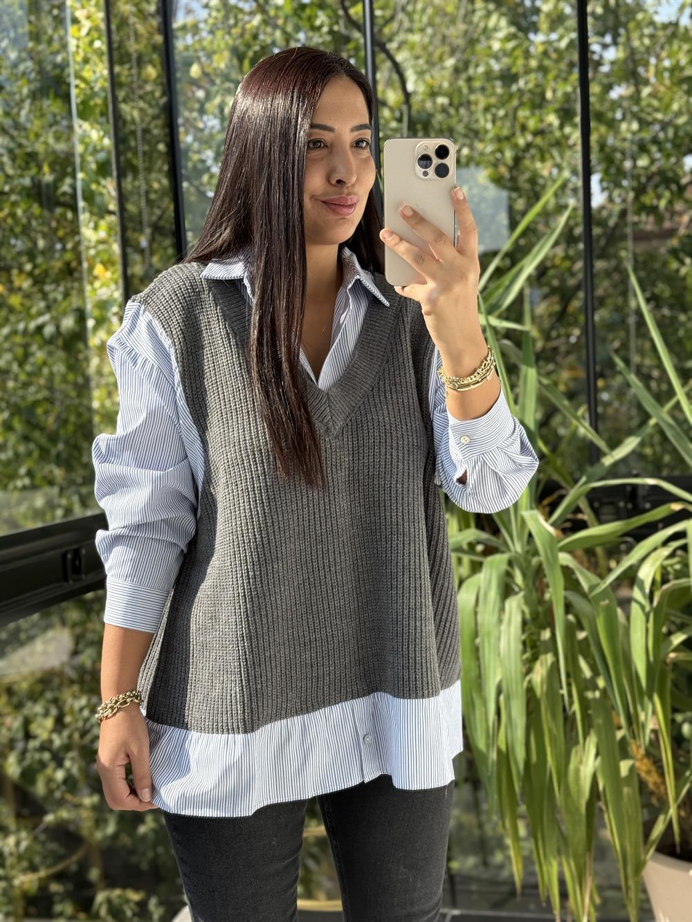 Poplin Gömlek Mix Süveter Gri