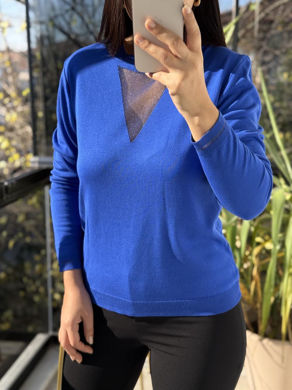 Tül Yaka Detaylı Merserize Triko Saks Mavi