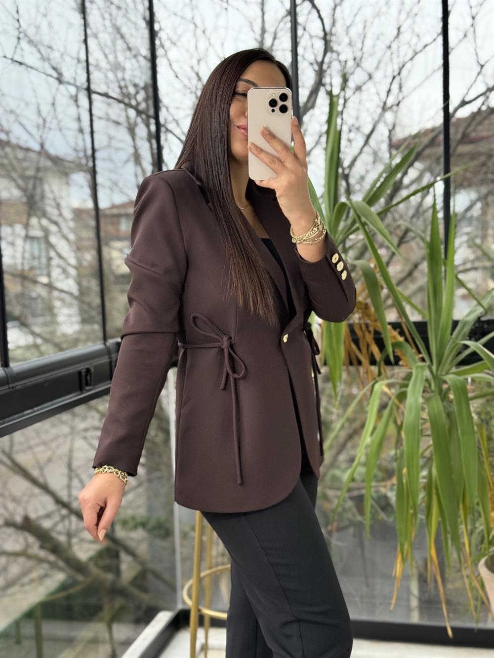 Yanı Bağcıklı Slim Blazer Ceket Kahve 