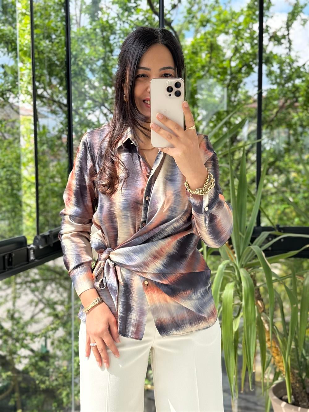 Yandan Bağlamalı Şifon Saten Gömlek Taba