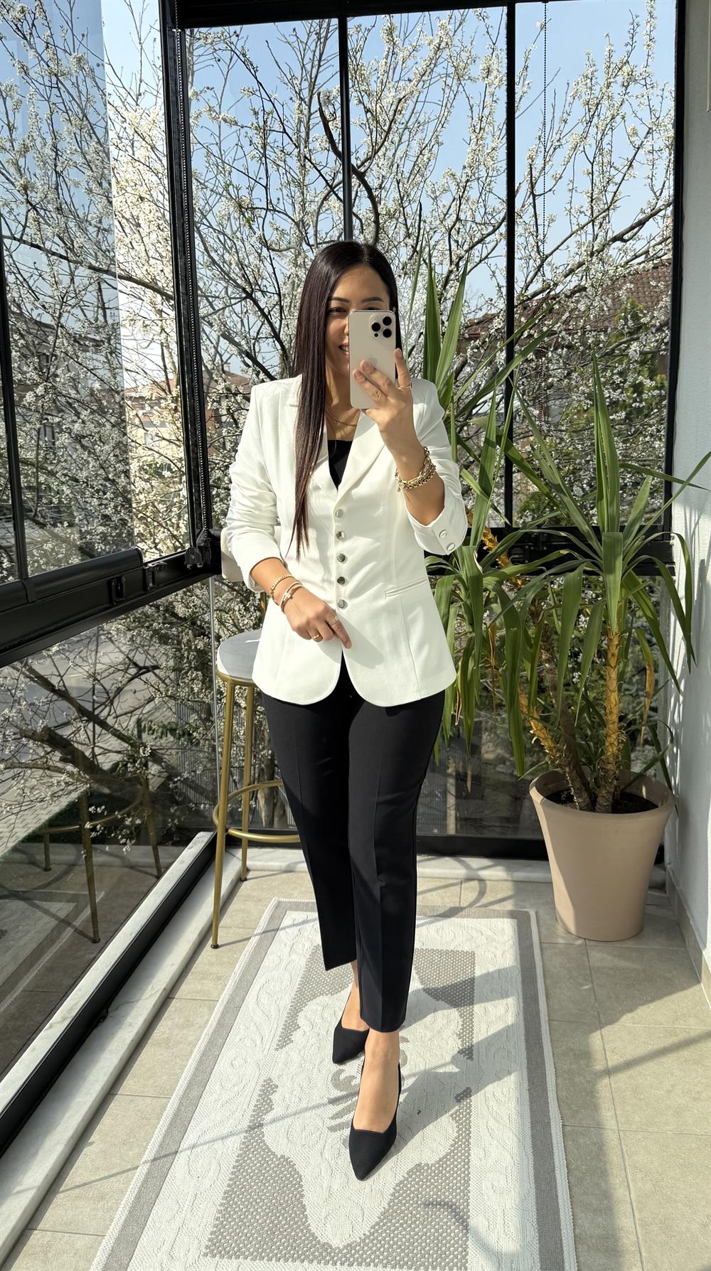 Beş Düğme Slimfit Blazer Ceket Beyaz