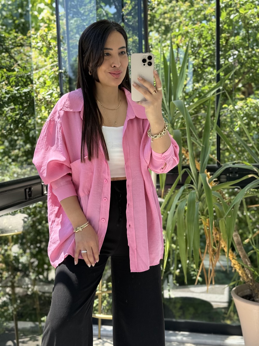 Düşük Omuz Basic Gömlek Pembe