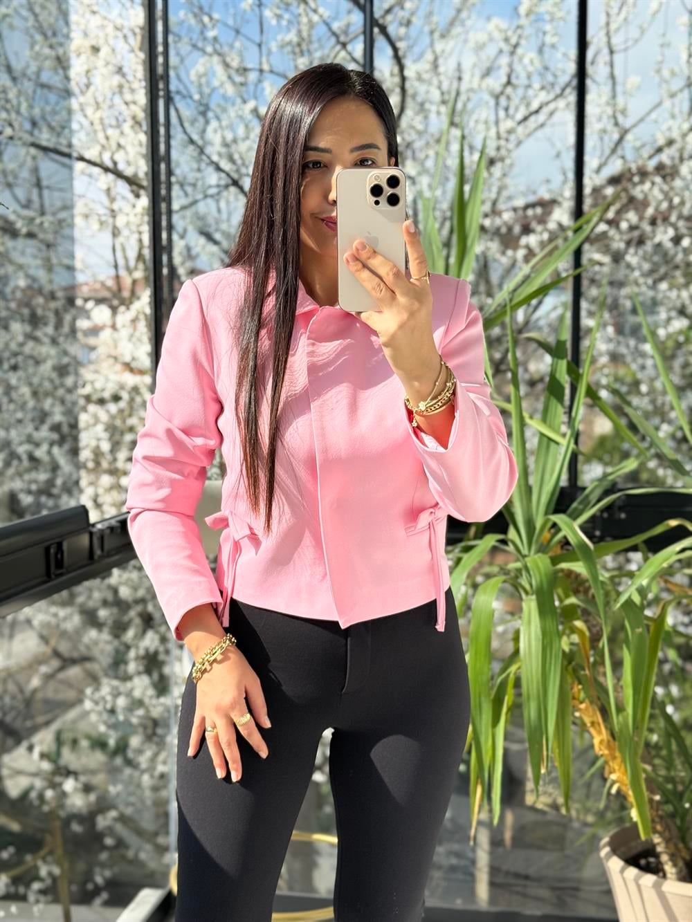 Uzun Kol Fiyonklu Blazer Ceket Pembe