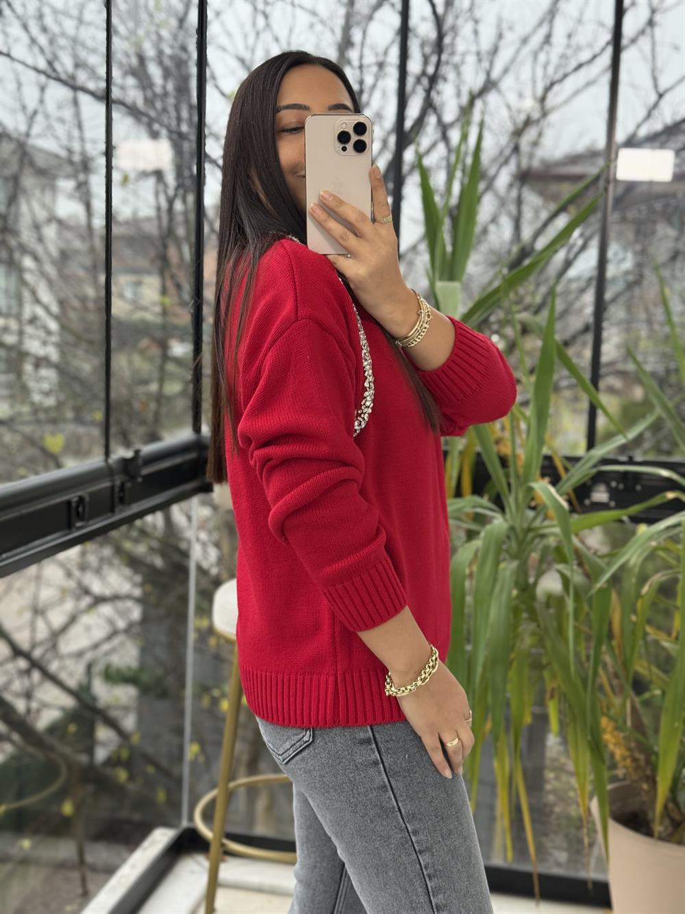 Taş Şerit işleme Cut Aut Kazak Kırmızı