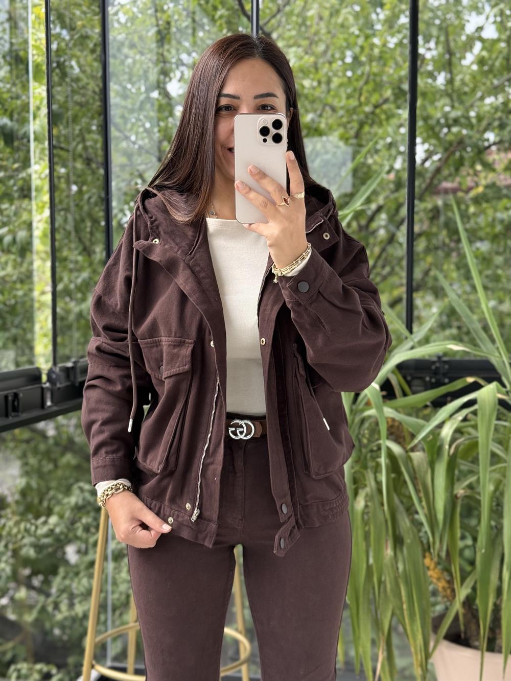 Kapüşonlu Kot Ceket Kahve