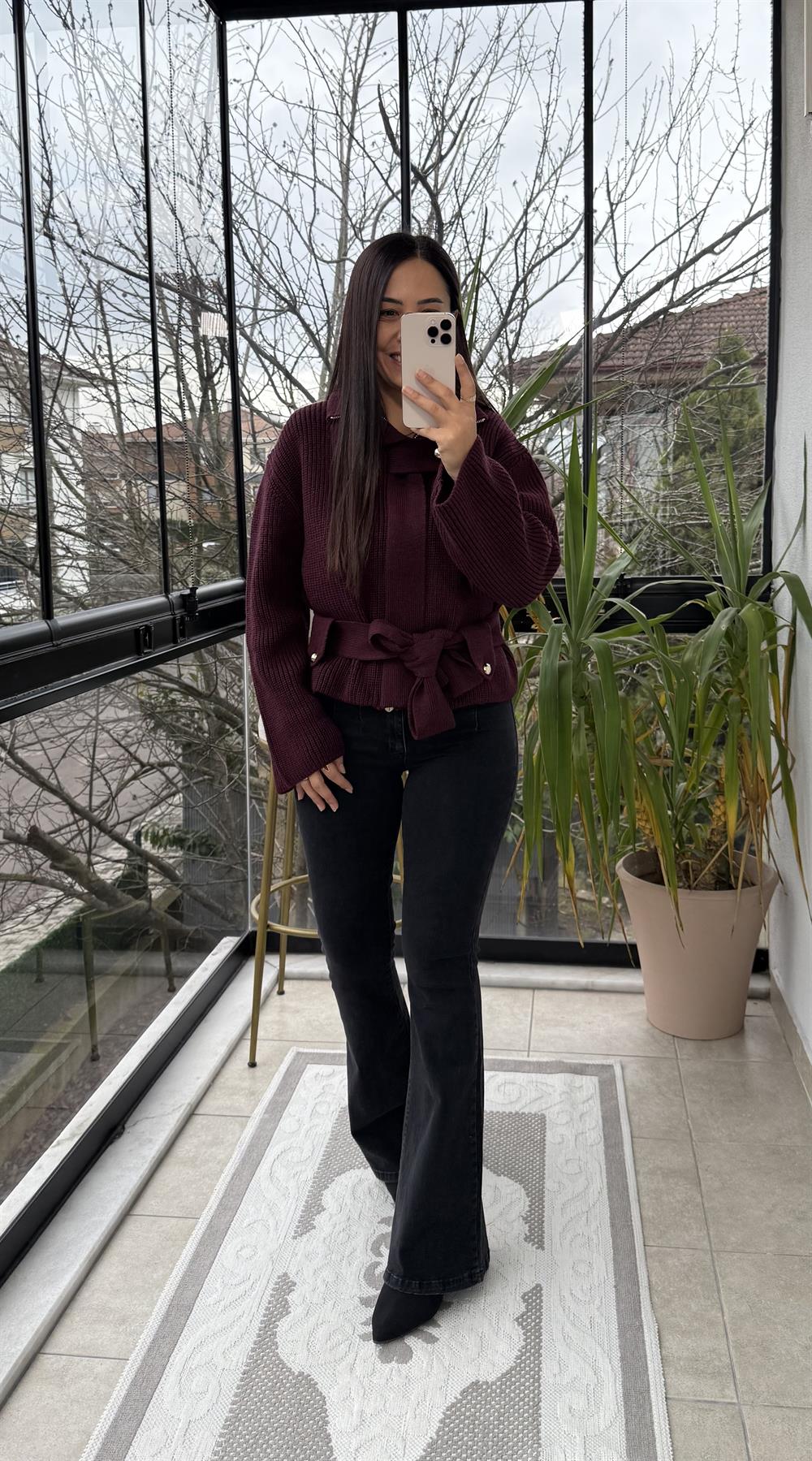 Dilvin Fermuarlı Kemerli Düğmeli Yünlü Triko Hırka Bordo