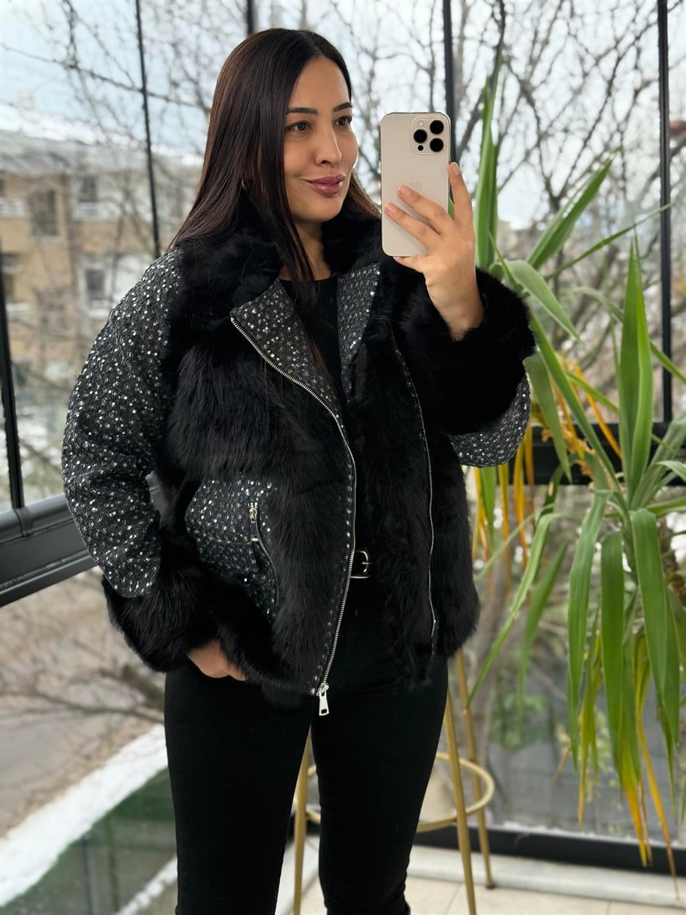 İthal Payetli Mont Siyah