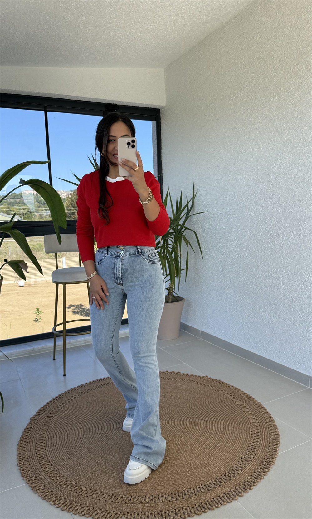 Yakası Biyeli Sweat Bluz Kırmızı