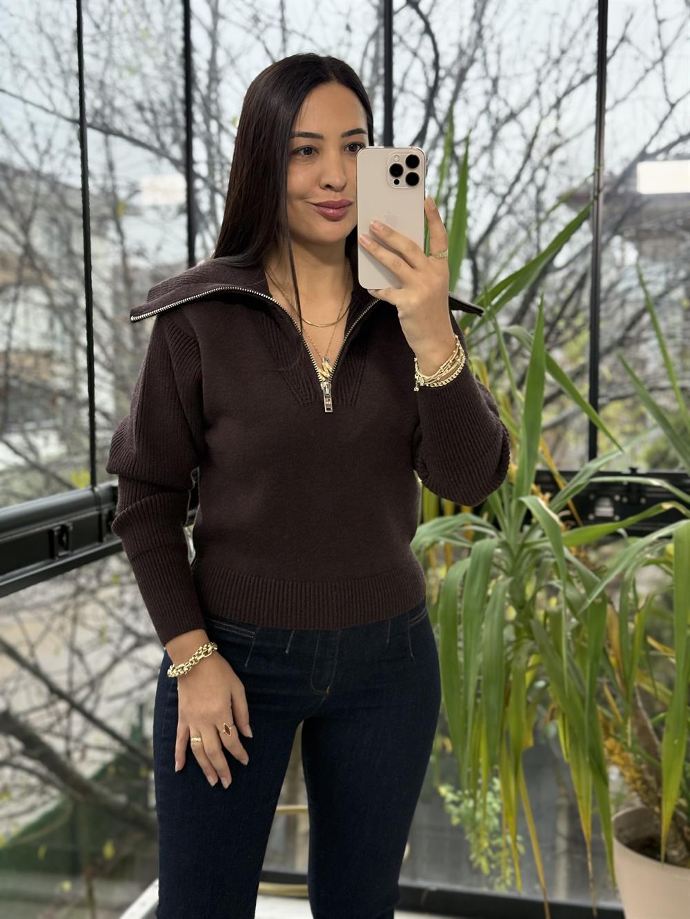 Fermuarlı Crop Triko Kazak Kahve