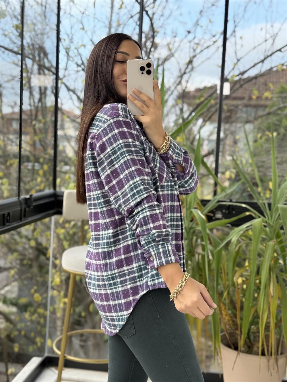 Taşlı Ekose Gömlek Mürdüm