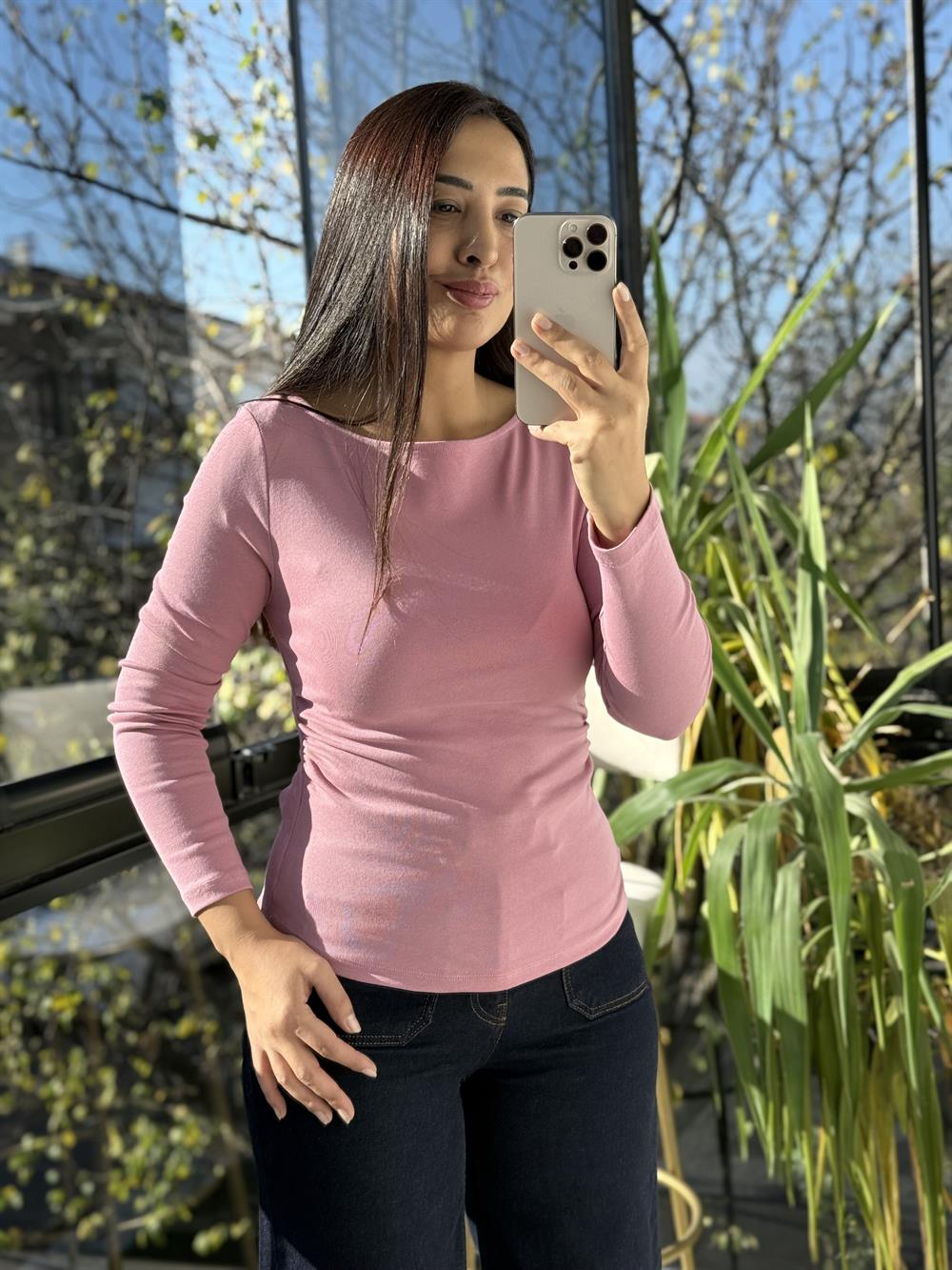 Büzgülü Kayık Yaka Top Bluz Gül