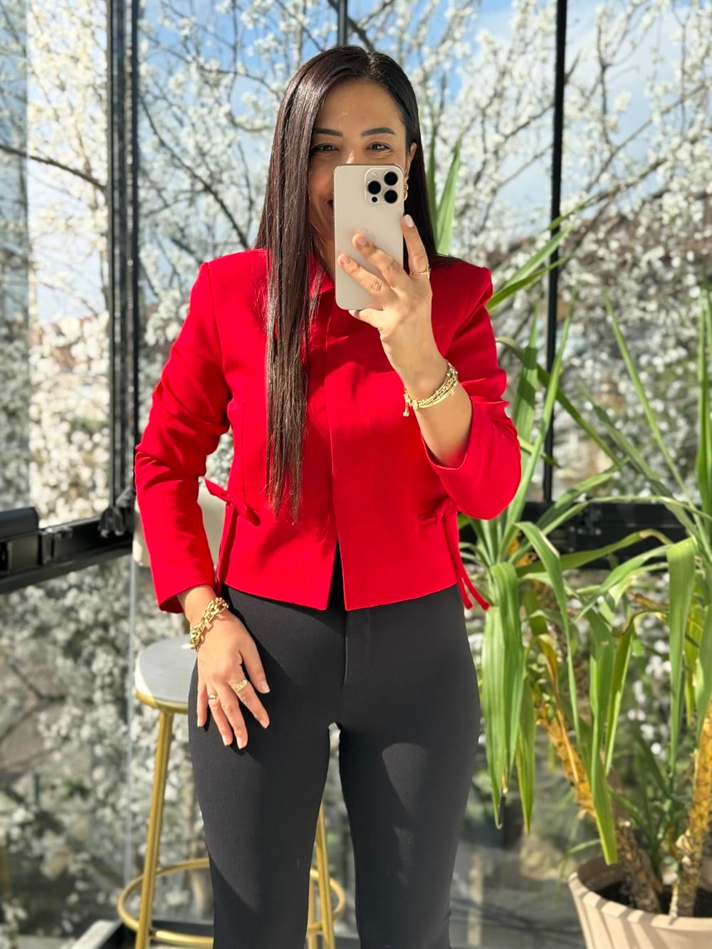 Uzun Kol Fiyonklu Blazer Ceket Kırmızı