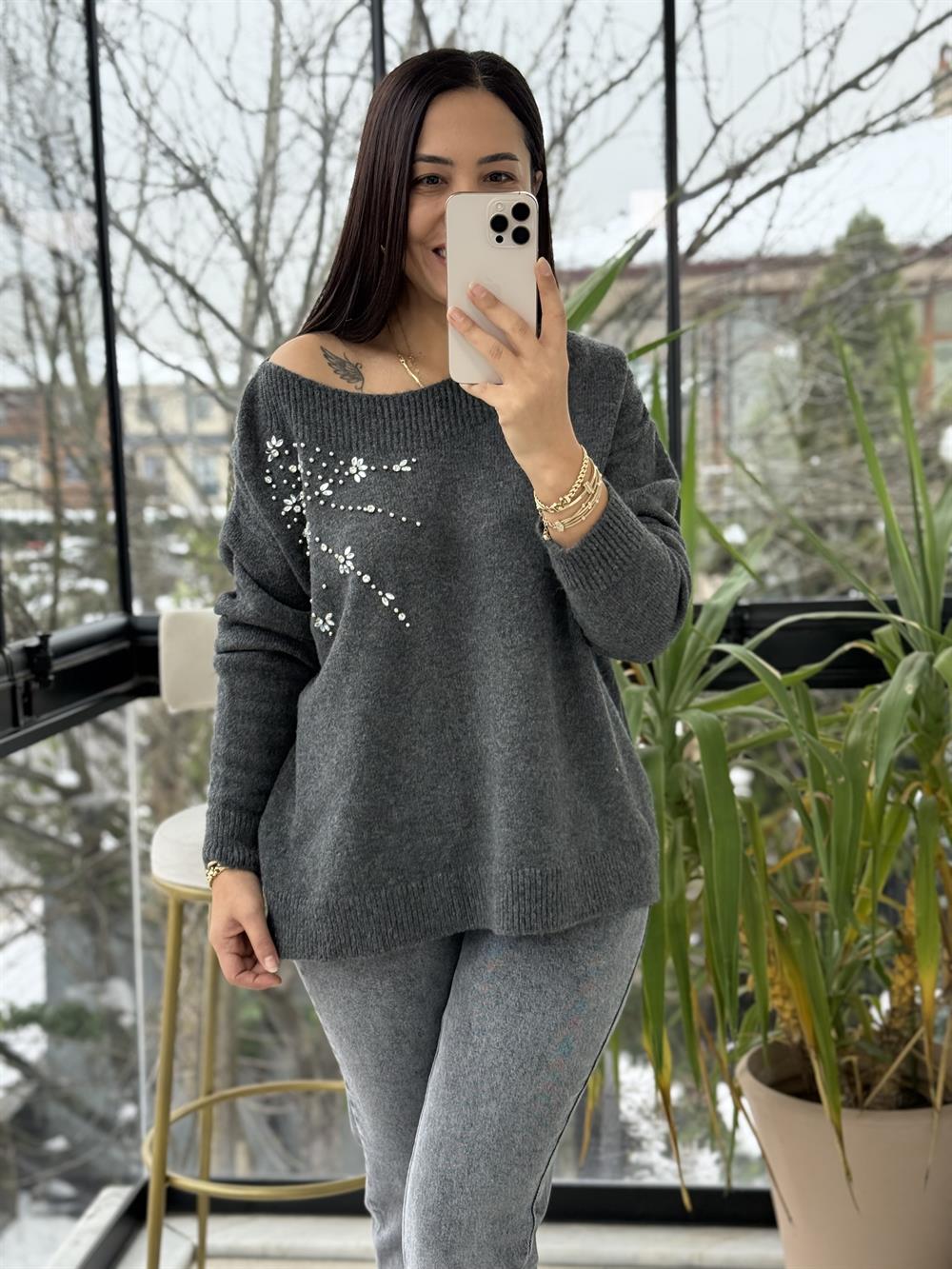 Yaka Detaylı Taşlı Yumoş Kazak Antrasit