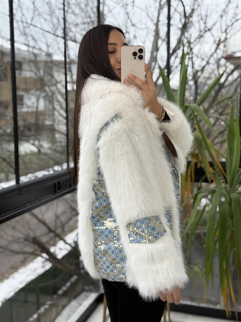 İthal Kruvaze Fermuarlı Payetli Kürk Beyaz