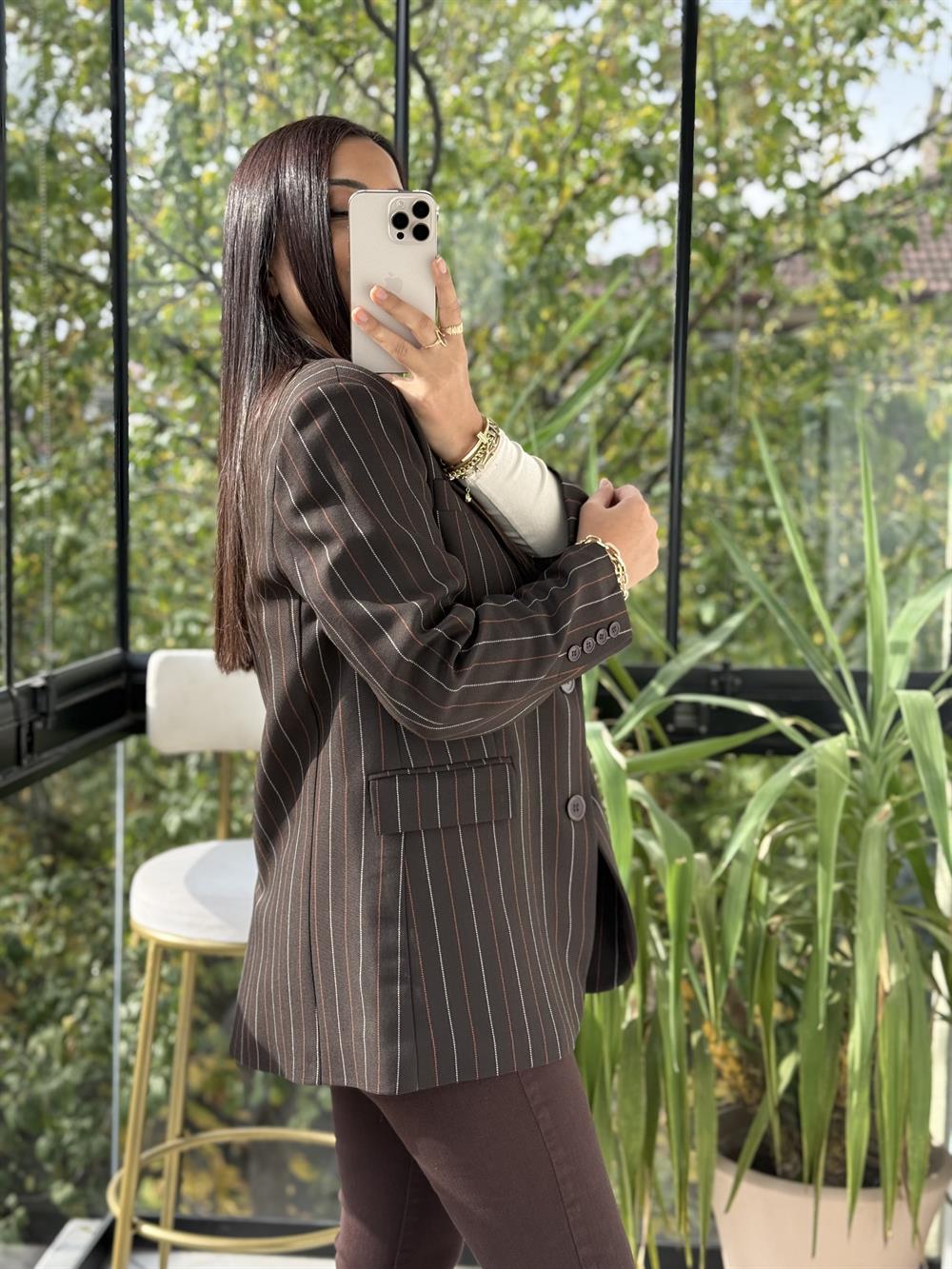 İki Düğmeli Çizgili Yün Blazer Ceket Kahve