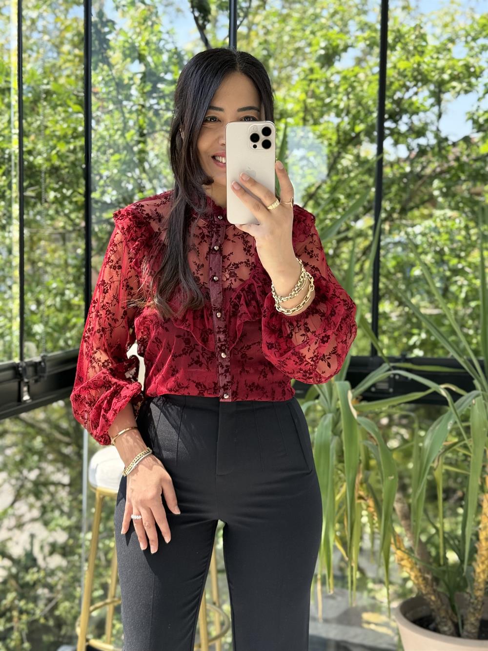 Kabartmalı Fırfırlı Tül Bluz Gömlek Bordo