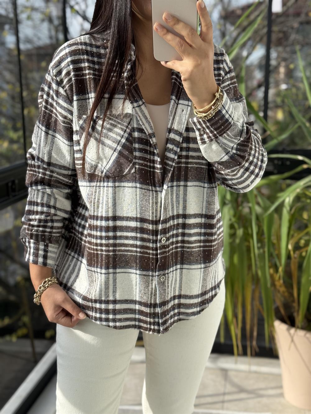 Taşlı Ekose Gömlek Kahve