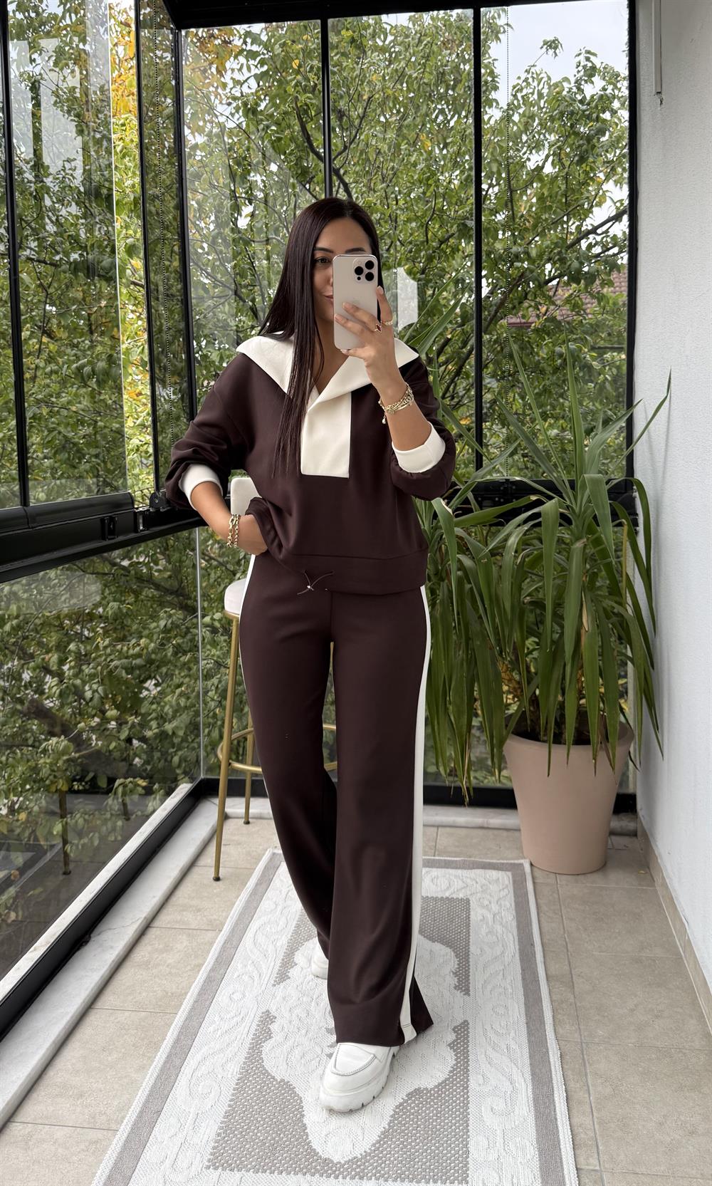 Şal Yakalı Modal Takım Kahve