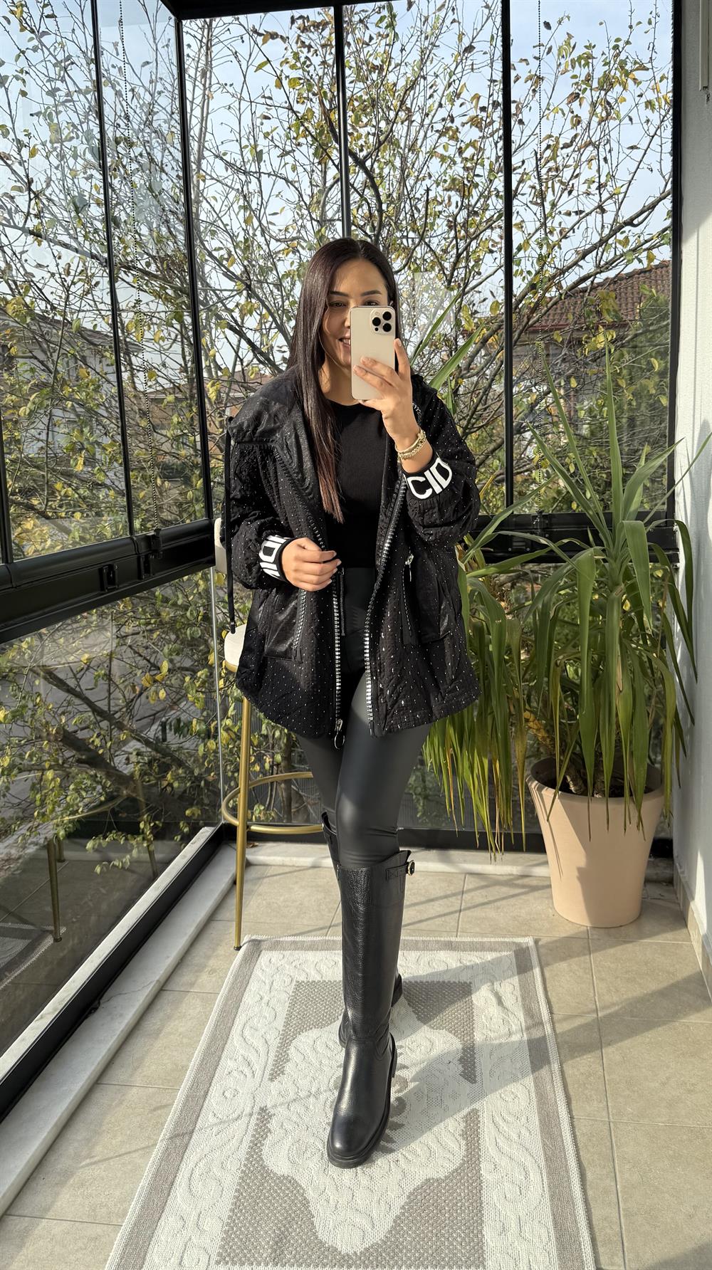 İthal Kalın Fermuarlı Trenç Siyah