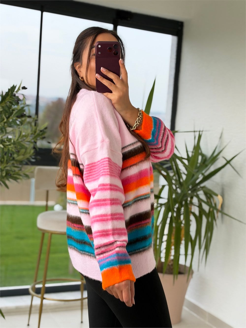 Renk Çizgili Yumoş Kazak Pembe