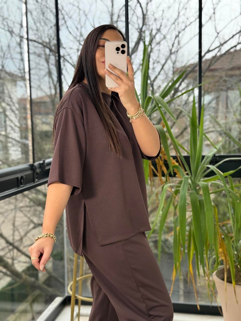 Modal Tişörtlü Basic Takım Kahve