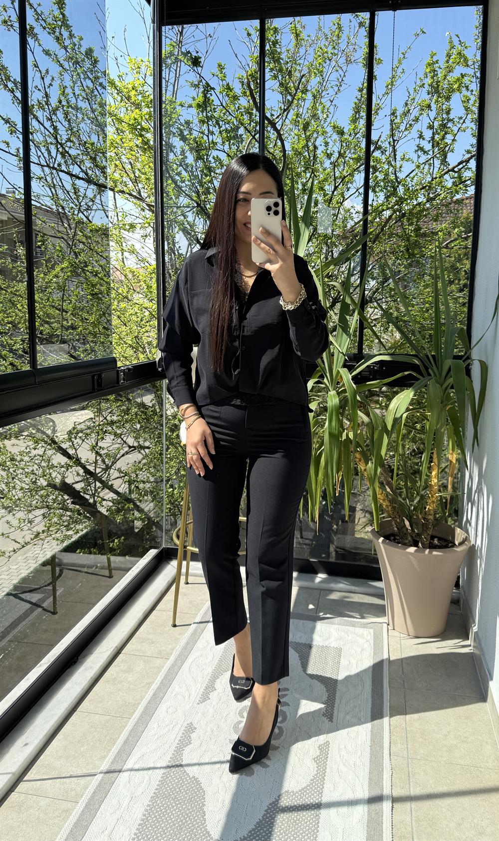 Güpür Atletli Gömlek Siyah