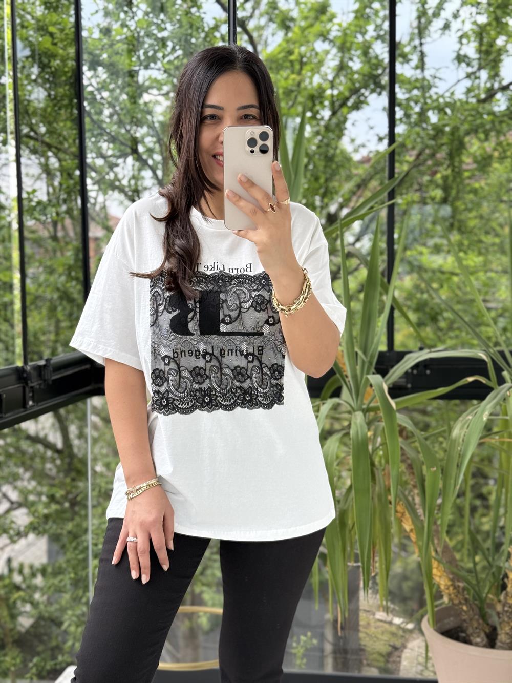 Tül Detaylı Yazılı Tişört Beyaz