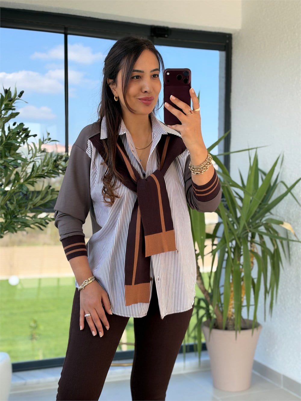 Twst Model Çizgili Bağlamalı Gömlek Kahve