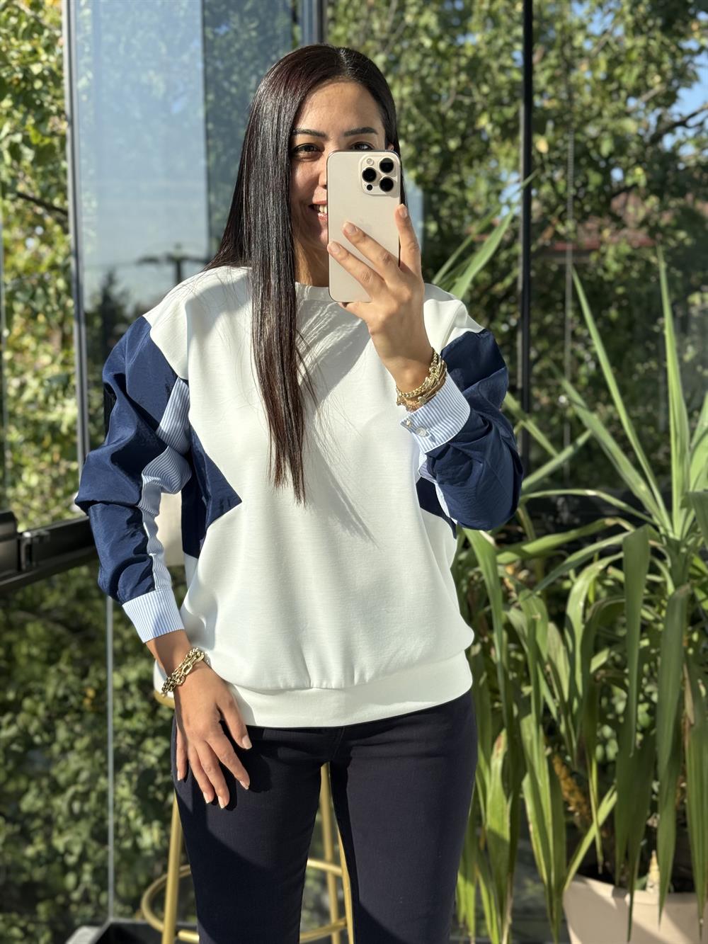 Colourblock Kol Sweatshirt Beyaz