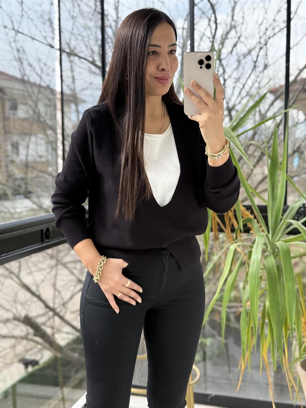 Çift Parça Görünümlü Triko Siyah