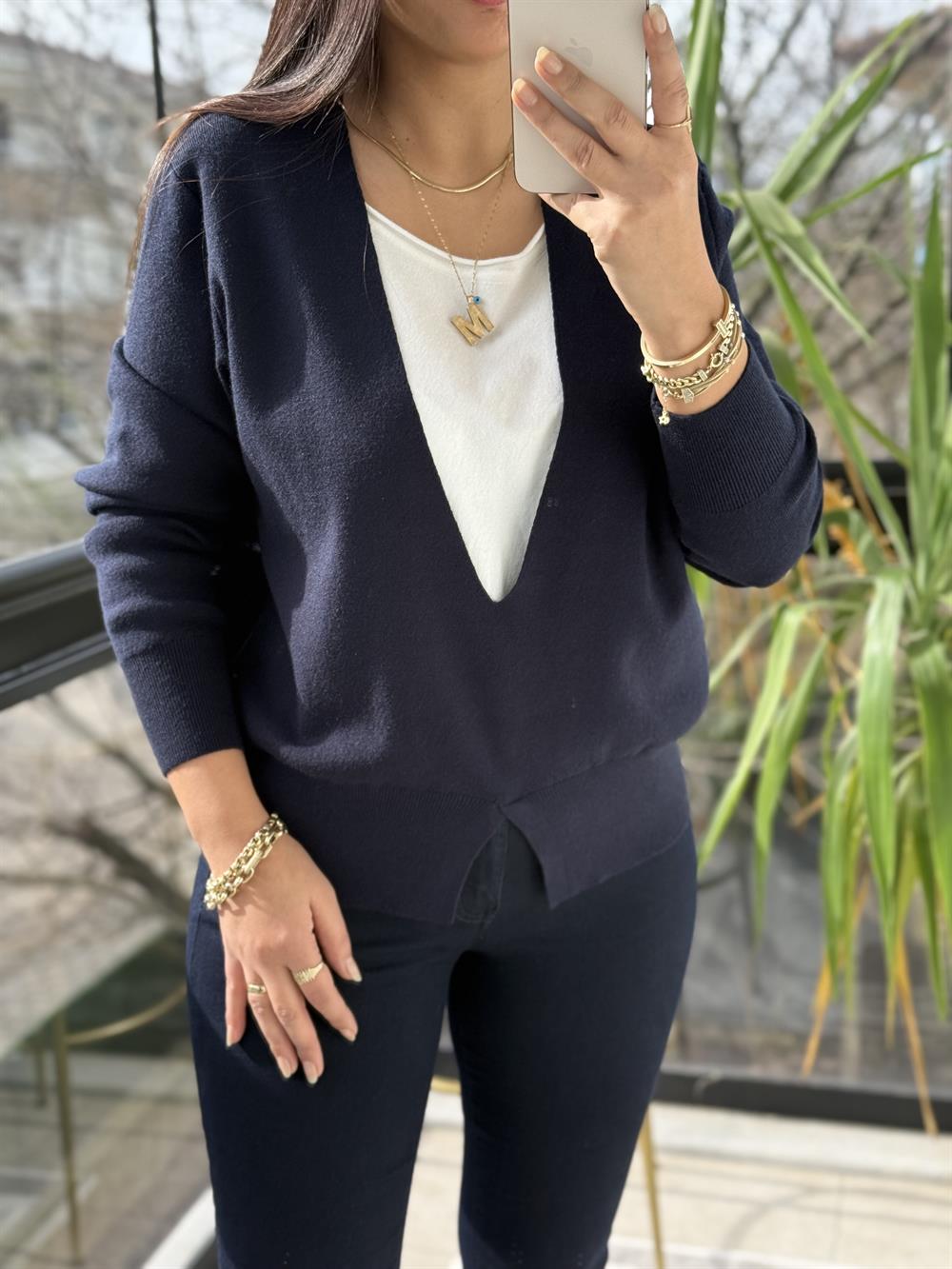 Çift Parça Görünümlü Triko Lacivert