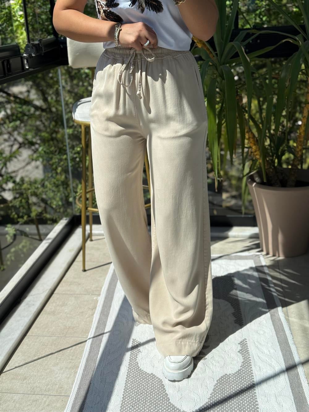 Lastikli Palazzo Pantolon Bej