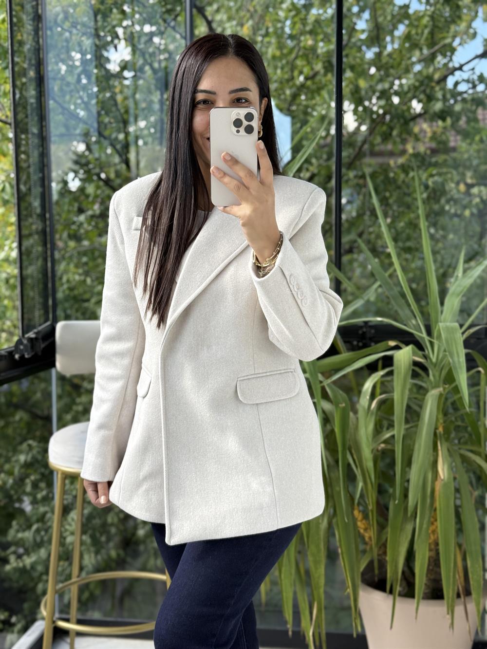 Kaşe Slim Blazer Ceket Krem