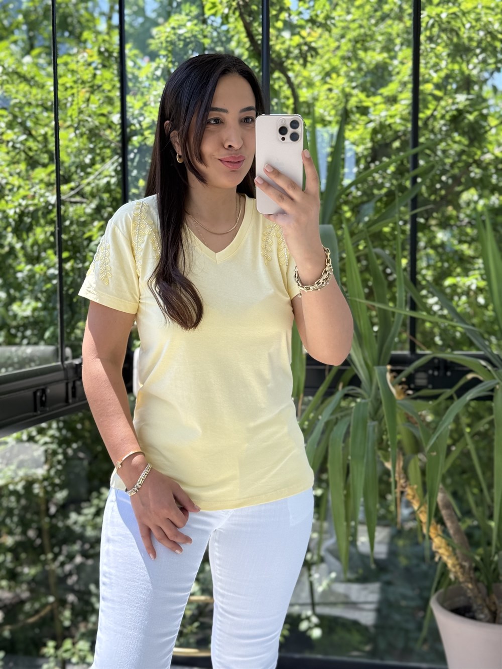 Flora Boncuk Detaylı Tişört Sarı