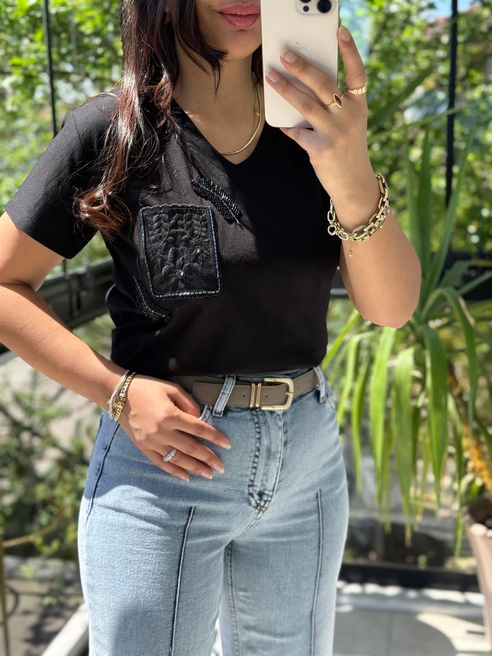 Başak Cep Detaylı Tişört Siyah