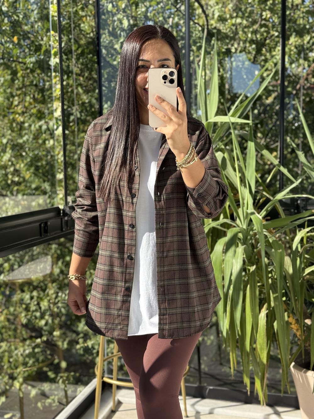 Ekoseli Oversize Gömlek Koyu Kahve