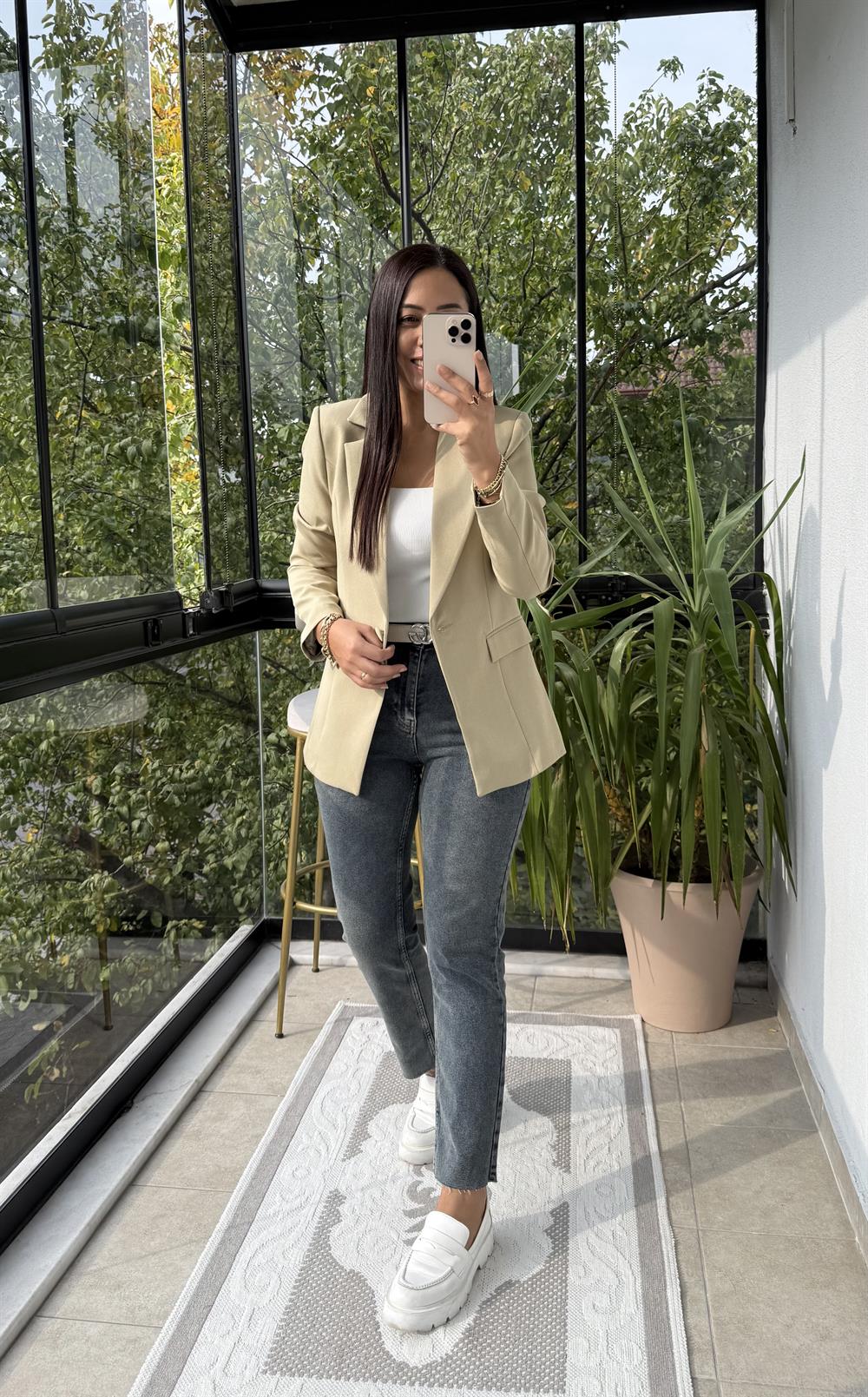 Tek Düğme Blazer Ceket Haki Yeşili