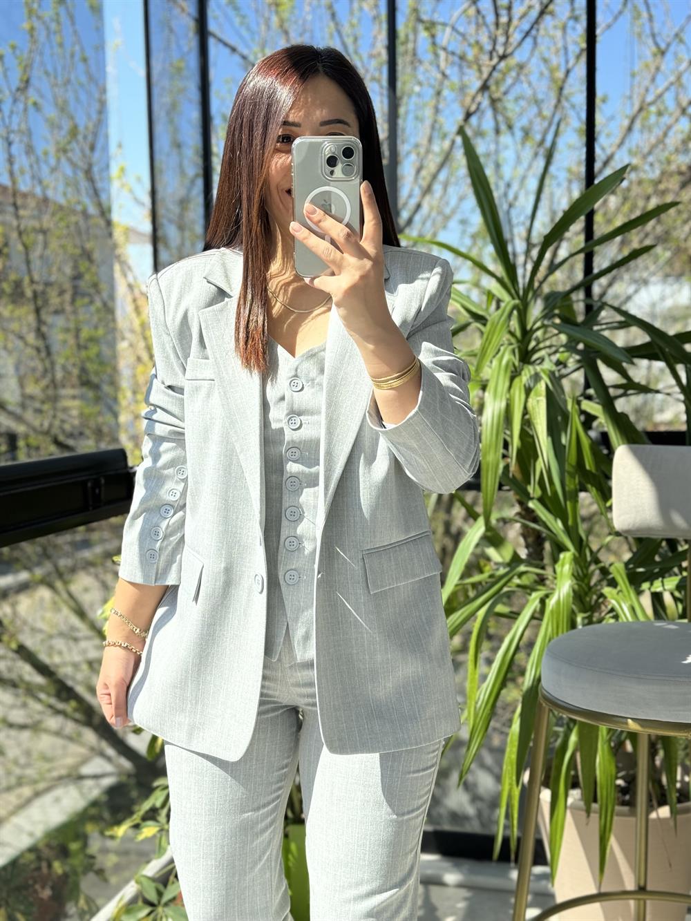 3lü Çizgili Takım Gri