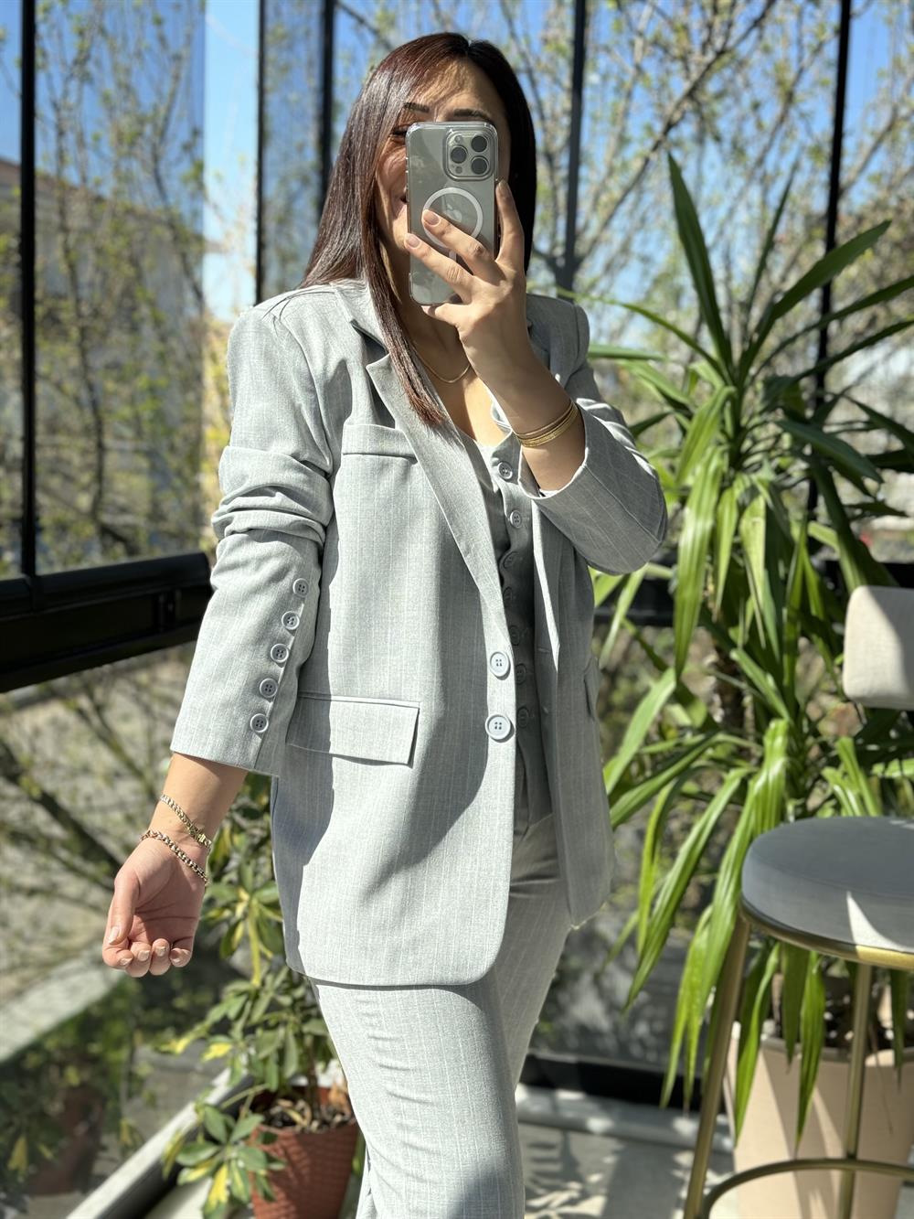 3lü Çizgili Takım Gri