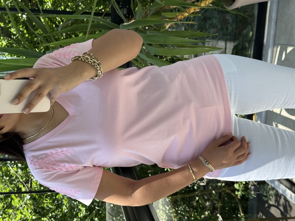 Flora Boncuk Detaylı Tişört Pembe
