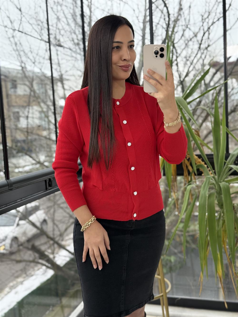 Triko Detaylı Bluz Kırmızı