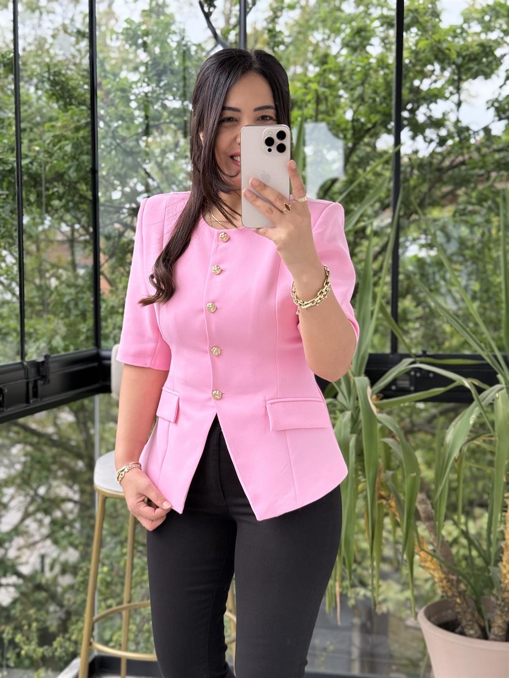 Slimfit Mini Gold Düğme Kısa Kol Blazer Pembe