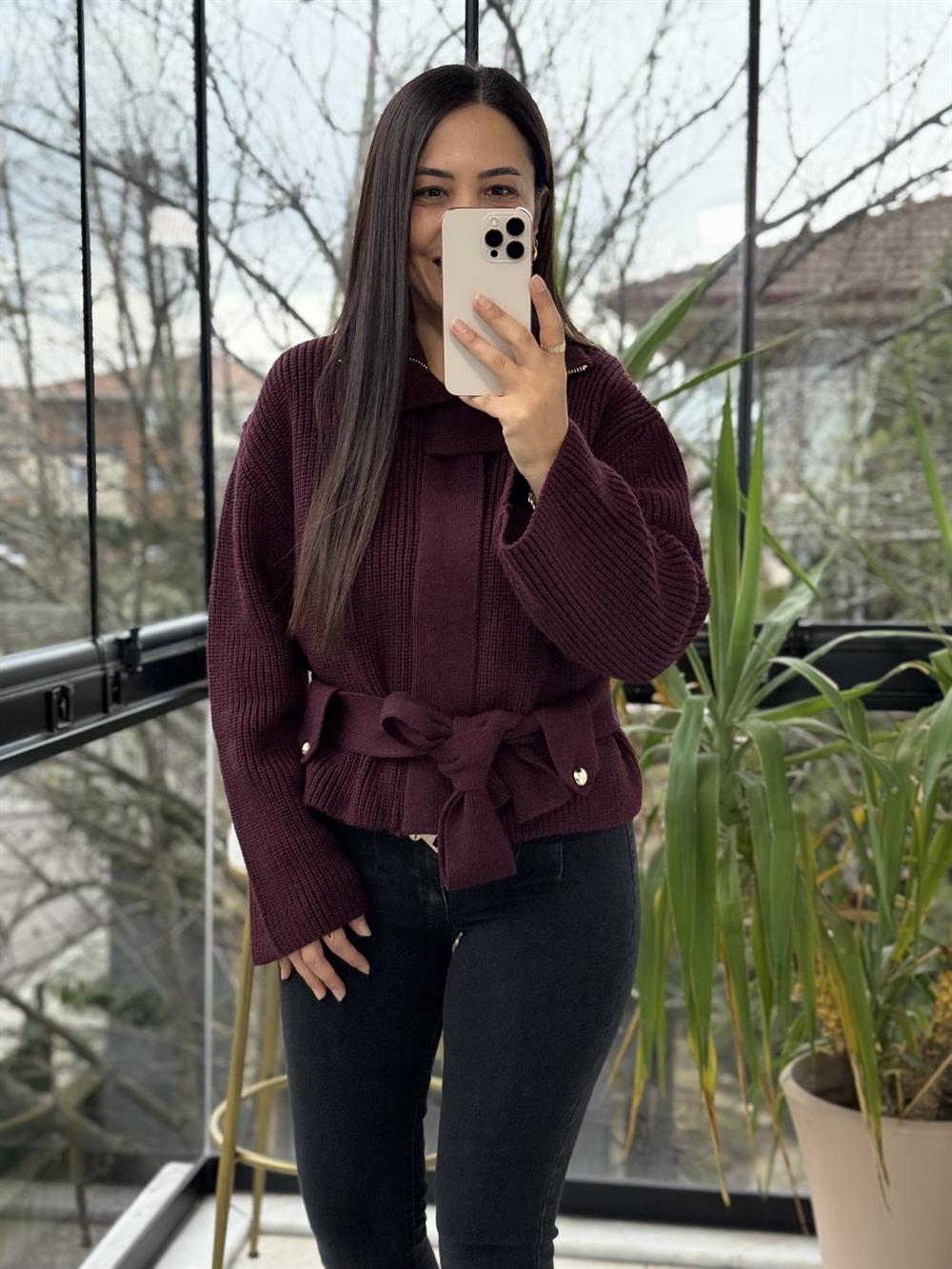 Dilvin Fermuarlı Kemerli Düğmeli Yünlü Triko Hırka Bordo