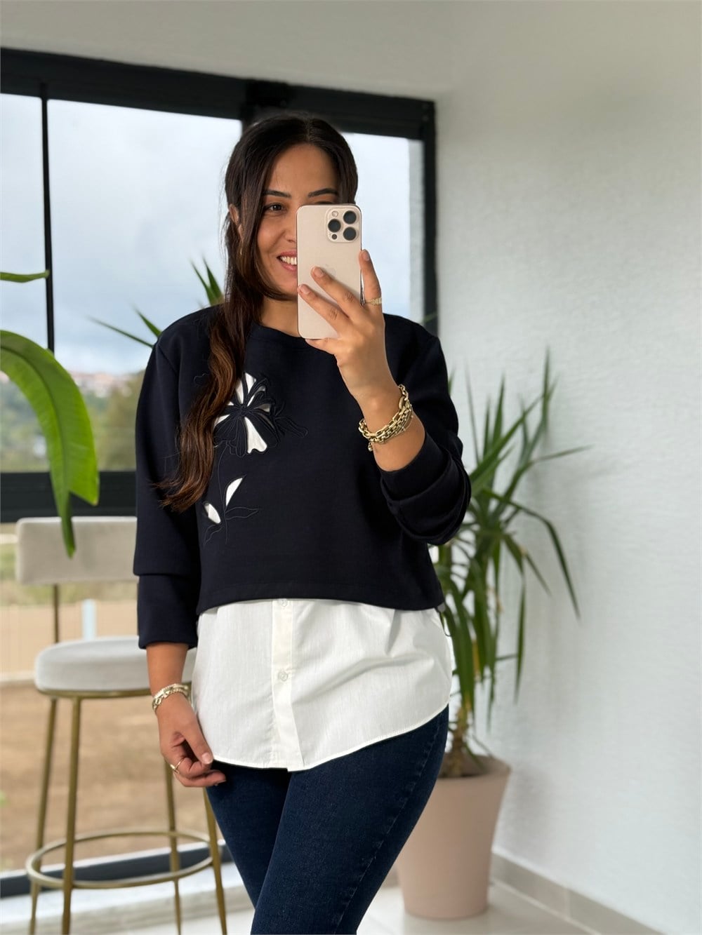 Nakışlı Gömlekli Sweatshirt Lacivert