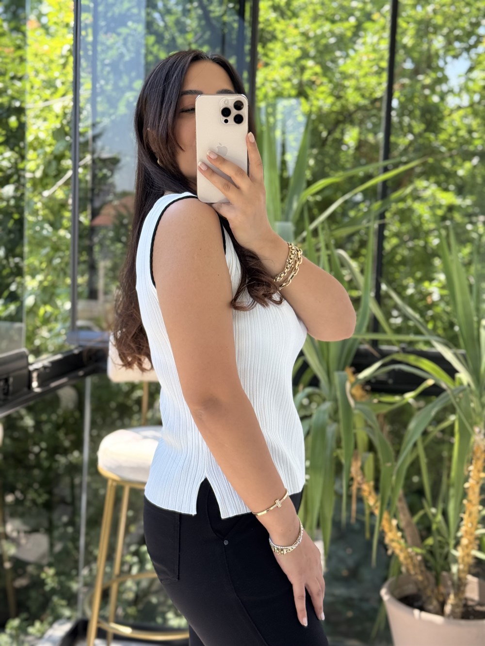 Dilvin Kayık Yaka Fitilli İnce Triko Bluz Ekru