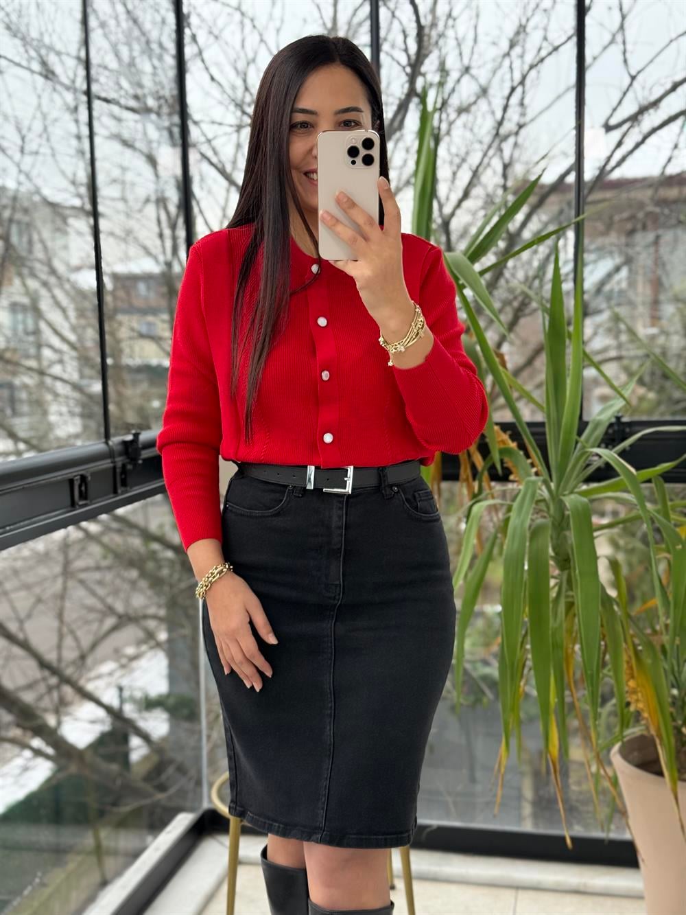 Triko Detaylı Bluz Kırmızı