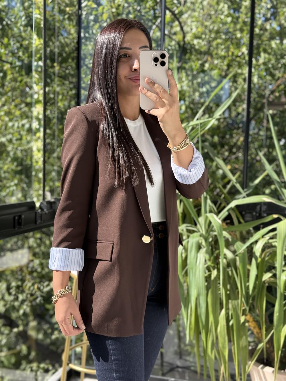 Kol Astarı Garnili Tek Düğme Blazer Ceket Kahve